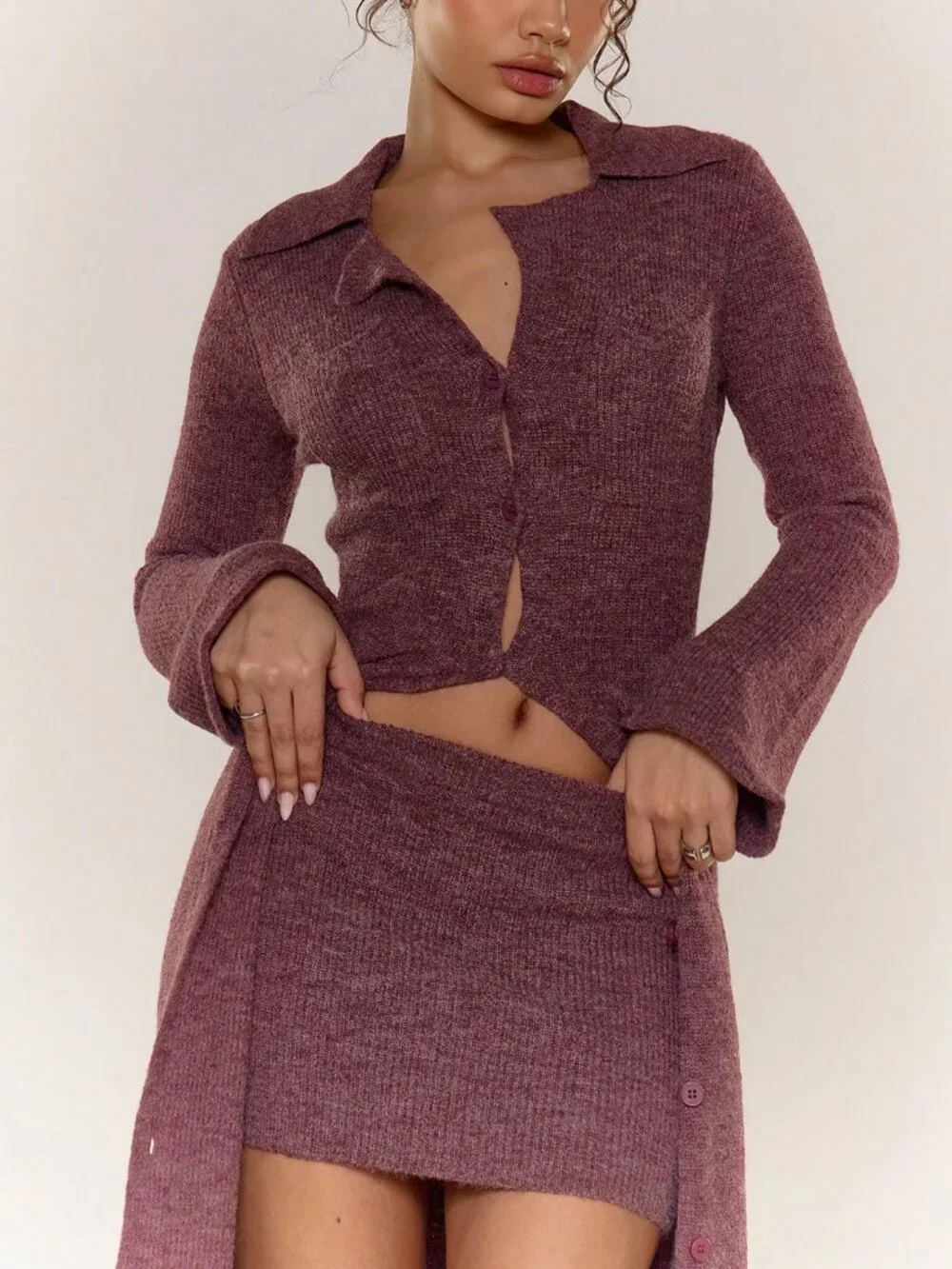 Red Violet Casual Women's Knit Button-Down Cardigan & Mini Skirt Set